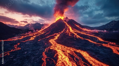 Erupting volcano with lava flow and smoke against a dramatic sky.