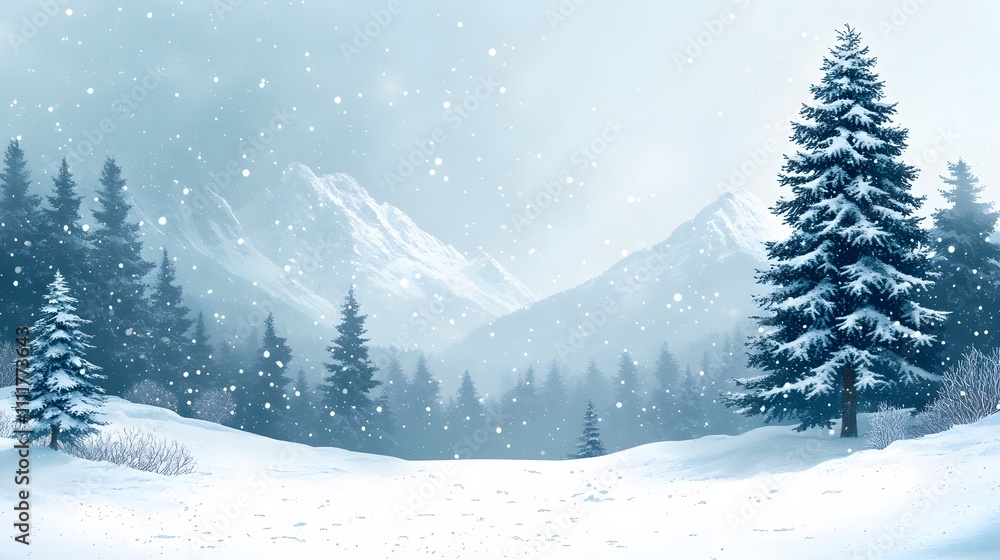 Naklejka premium Classic holiday card background with snow-covered landscapes and a text area