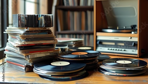 Vinyl record collection showcase home studio photography cozy environment close-up view nostalgia and music appreciation