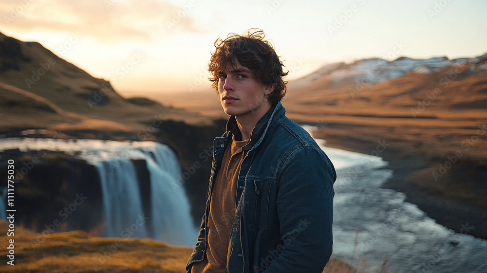 Young man enjoying sunset view near waterfall in scenic Icelandic landscape Young man enjoying sunset view near waterfall in scenic Icelandic landscape