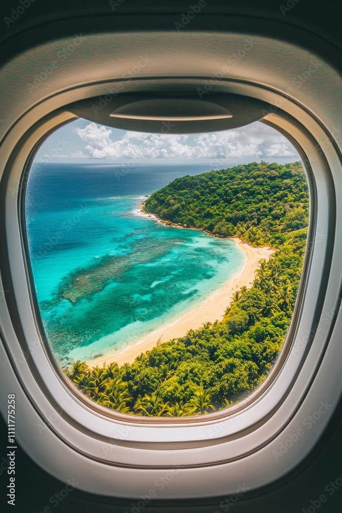 View from the window of an airplane flying over a Caribbean beach, with turquoise water and a green forest near the sandy beaches View from the window of an airplane flying over a Caribbean beach, with turquoise water and a green forest near the sandy beaches