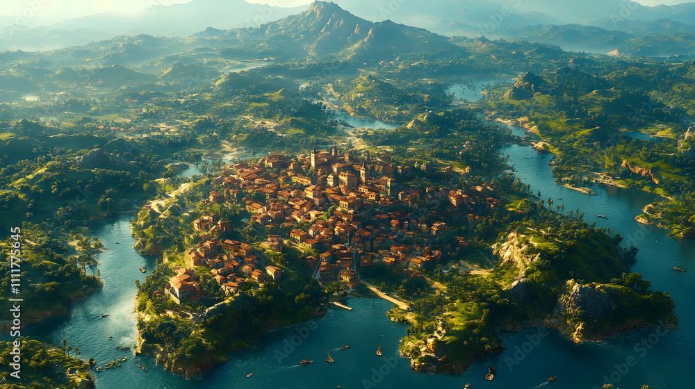 Aerial view of a coastal medieval town. Aerial view of a coastal medieval town.