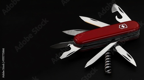 A red Swiss Army Knife with several tools open. photo