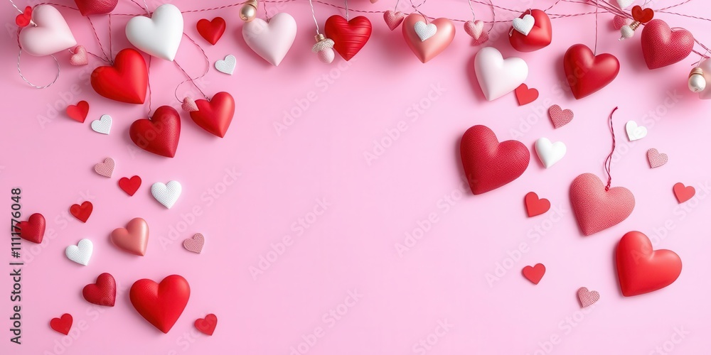 A pink background adorned with various heart-shaped decorations for Valentine's Day, wallpaper, hearts, celebration A pink background adorned with various heart-shaped decorations for Valentine's Day, wallpaper, hearts, celebration
