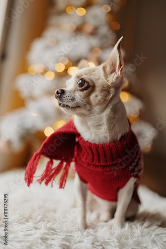 chihuahua dog wearing red sweater