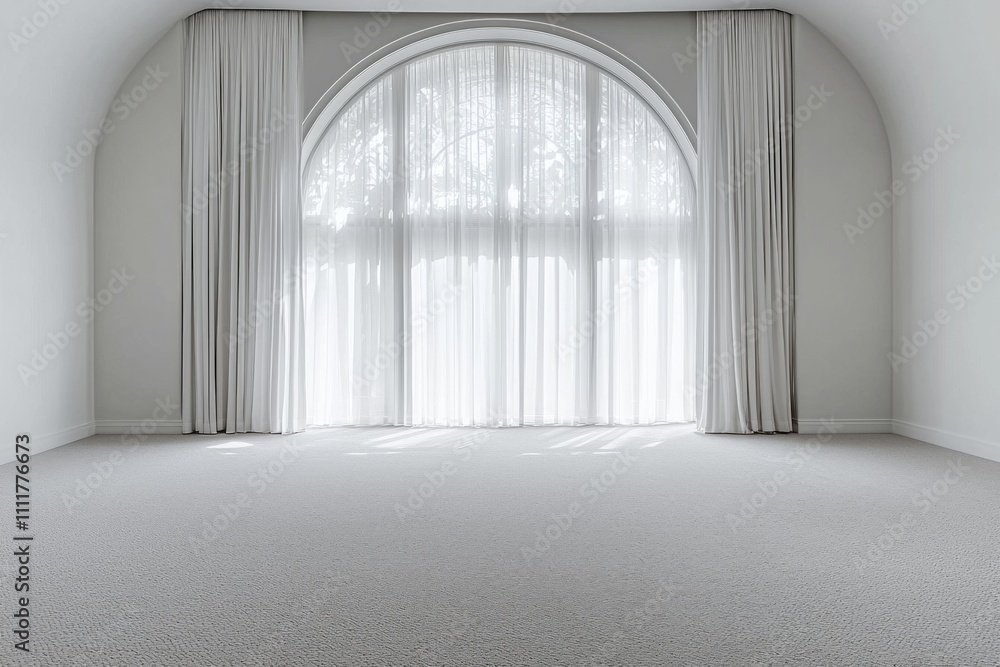 An empty room with white walls, a large arched window and sheer curtains An empty room with white walls, a large arched window and sheer curtains