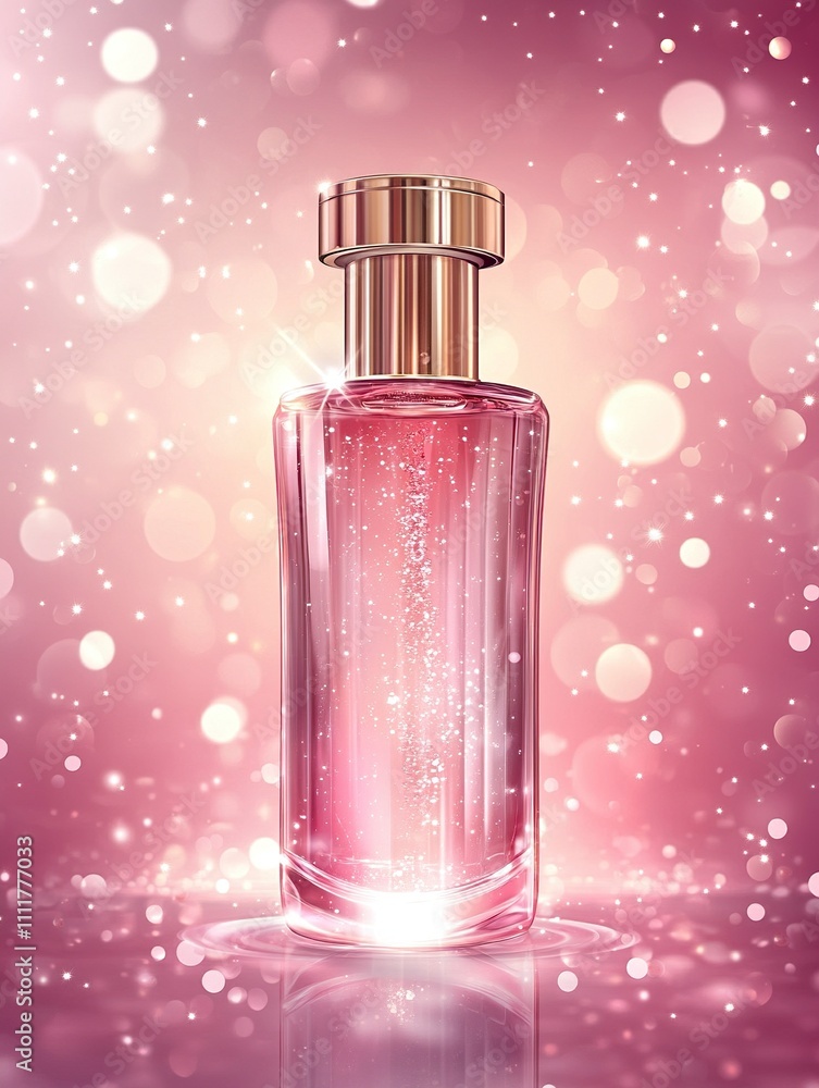 Cosmetic or skin care product advertisement with luxury glass bottle, banner ad for beauty product, pink background with sparkling light effect. Cosmetic or skin care product advertisement with luxury glass bottle, banner ad for beauty product, pink background with sparkling light effect.