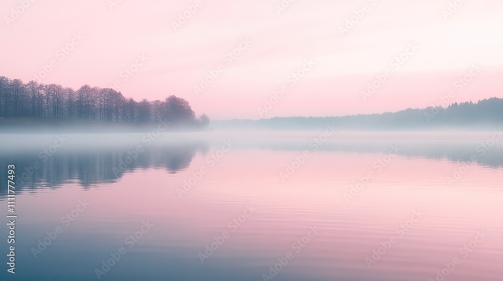 Fototapeta premium Serene lake at dawn with mist and soft pastel colors reflecting on the water.