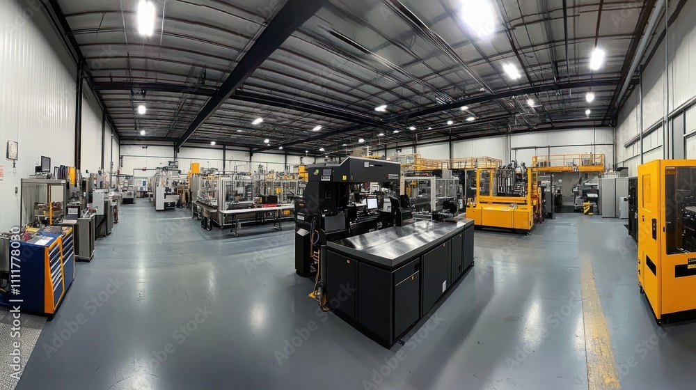 a panoramic view of custom machinery solutions tailored for precision manufacturing, sharp metallic textures, clean factory ambiance