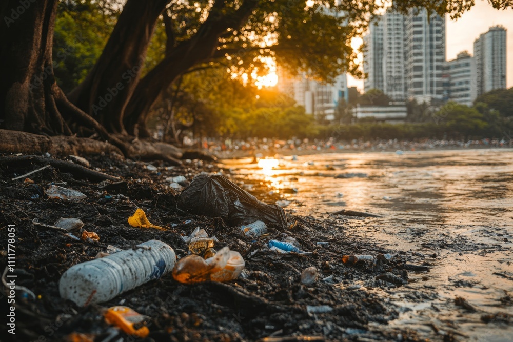 Obraz premium Beautiful Sunset Over a Polluted Shoreline with Litter, Plastic Waste, and Urban Skyline Showing Environmental Issues and Pollution Concerns in Nature