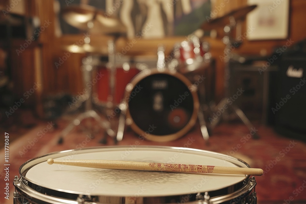 Fototapeta premium Drumstick rests on snare drum; blurred drum set background.