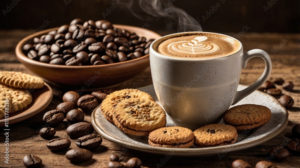 Fototapeta premium An artistic arrangement of coffee beans scattered across the table, framing a cup of frothy coffee and a plate of assorted biscuits, creating a cozy, rustic vibe.