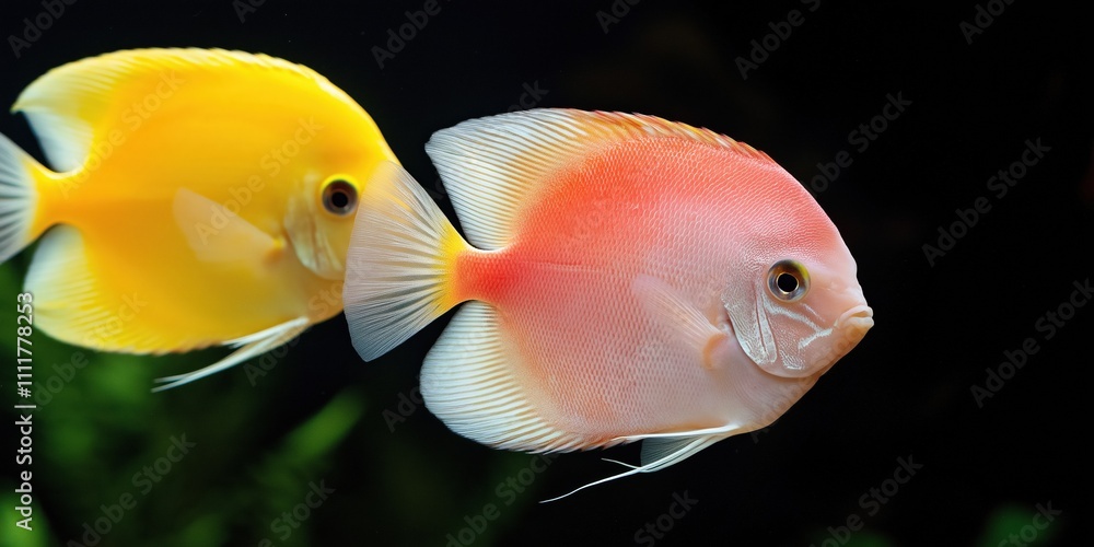 Two fish swimming in a tank, one yellow and one pink. The yellow fish is looking at the pink fish, as if it is curious about its companion. The tank is dark Two fish swimming in a tank, one yellow and one pink. The yellow fish is looking at the pink fish, as if it is curious about its companion. The tank is dark