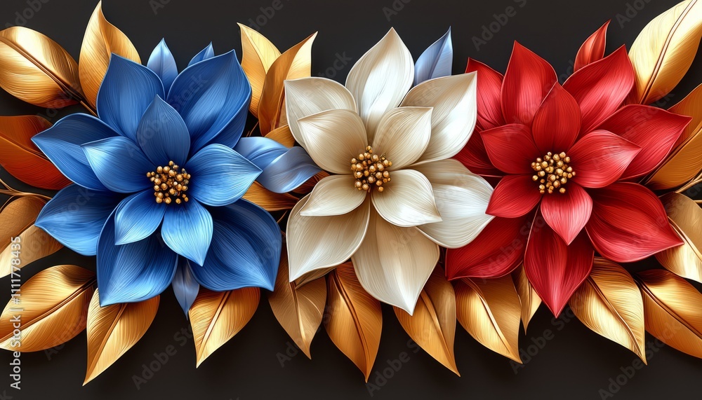 Three Elegant Flowers with Gold Leaves Design Three Elegant Flowers with Gold Leaves Design