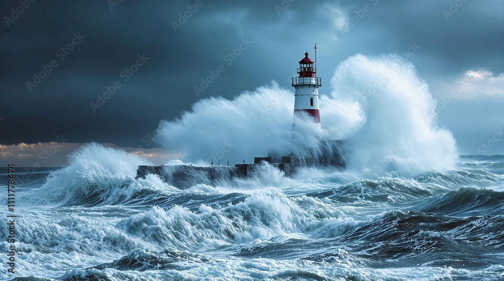 lighthouse on the coast. Storm with big waves over the lighthouse at the ocean lighthouse on the coast. Storm with big waves over the lighthouse at the ocean