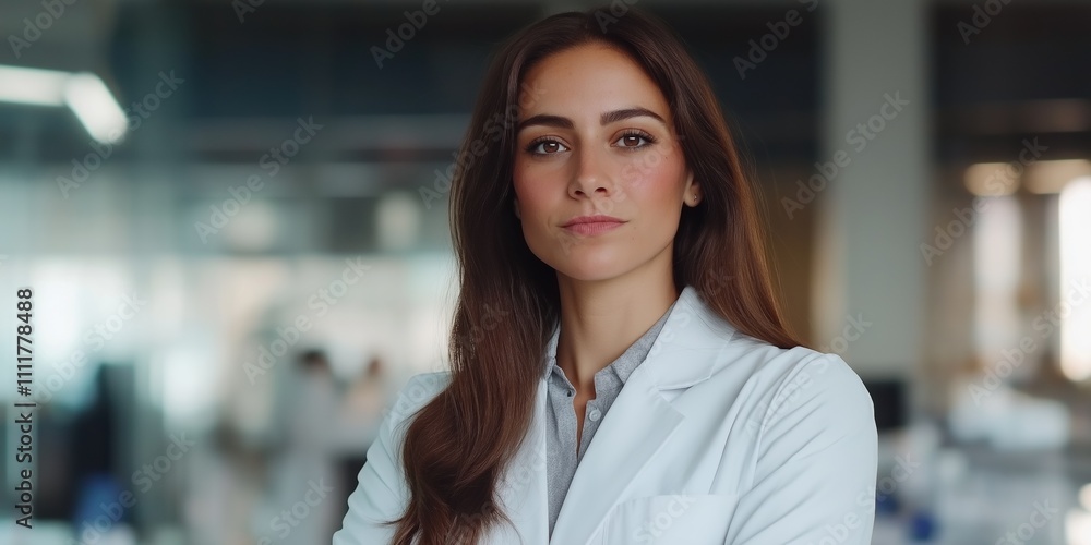 Obraz premium A woman in a white lab coat stands in front of a wall. She is wearing a white lab coat and has her arms crossed
