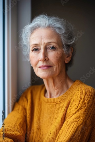 A woman in a yellow sweater is smiling at the camera. She has gray hair and is wearing earrings