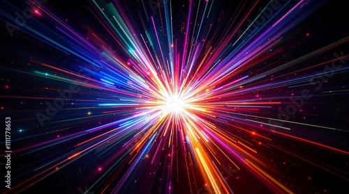 A dazzling explosion of vibrant light and color, featuring sharp, prismatic beams radiating from a central glowing point, creating an abstract, futuristic energy burst on a dark background