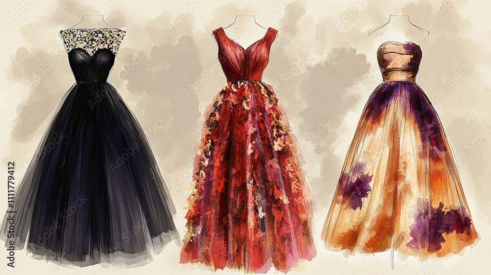 Fototapeta premium Fashion-forward dress sketches in warm and cool tones, tailored for various special occasion needs