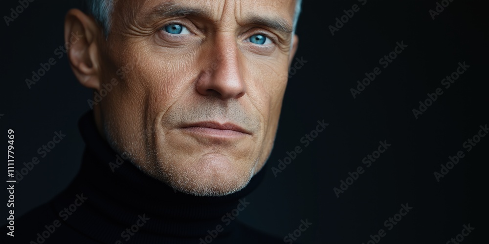 Fototapeta premium A man with a blue eye stares at the camera. He is wearing a black shirt and a black necktie