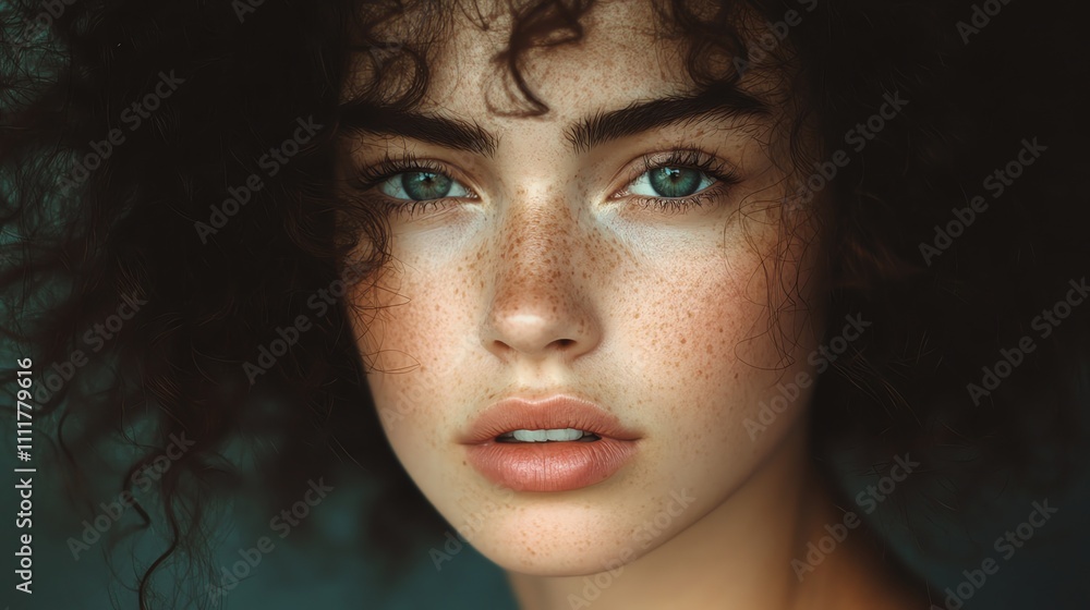 A close-up portrait of a woman with freckles and curly hair, looking directly at the camera. A close-up portrait of a woman with freckles and curly hair, looking directly at the camera.