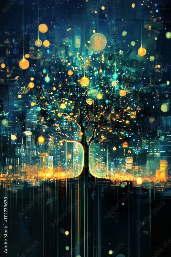 Fototapeta premium An abstract tree in digital style with glowing lights