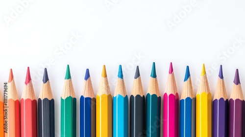 Colorful pencils lined up on a white background.