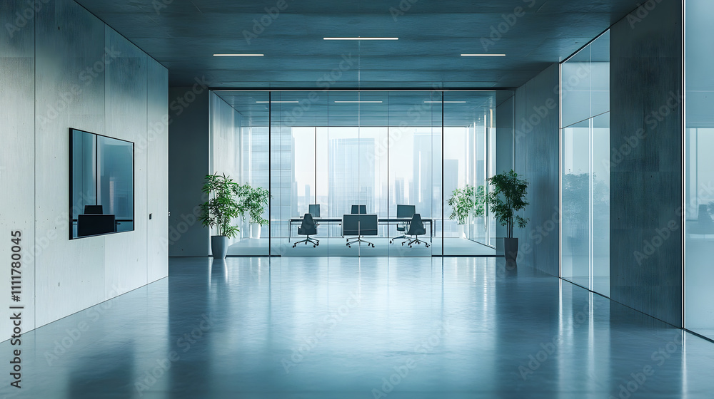 Fototapeta premium Blurred background of bright bank hallway with check desk, columns and shining warm sunlight