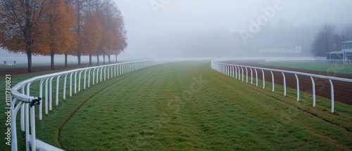 Wallpaper Mural Morning Fog Envelops Horse Racing Track Rails Scenic Landscape Outdoor Environment Ethereal Atmosphere for SEO Impact Torontodigital.ca