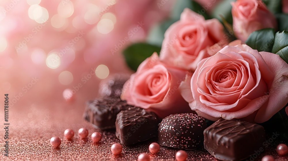 Stunning composition of roses and chocolates on a pastel background with glitter accents Stunning composition of roses and chocolates on a pastel background with glitter accents