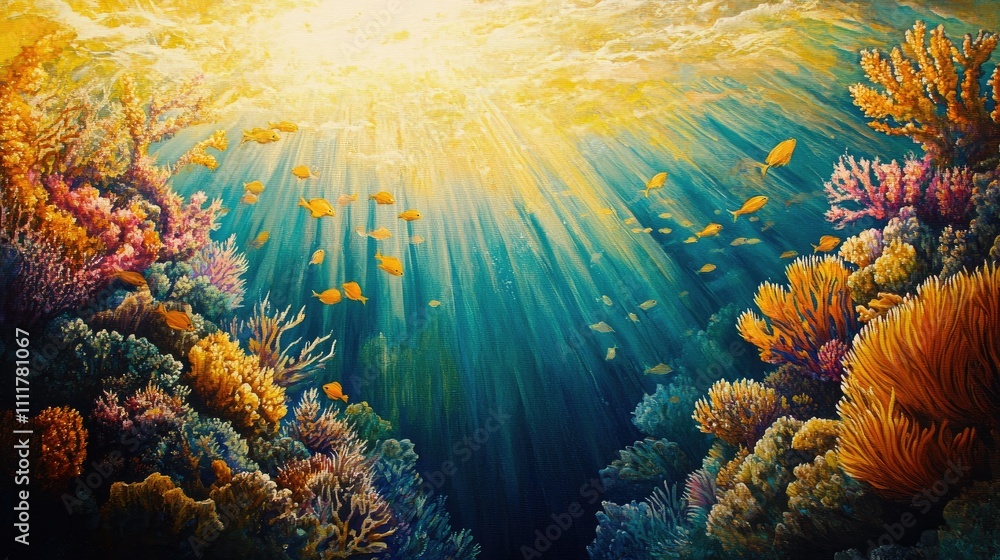 Fototapeta premium Golden rays penetrate the ocean's surface, casting light over vivid coral structures and graceful fish