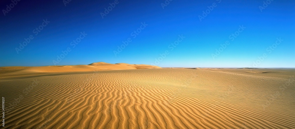 Naklejka premium Vast Golden Sands Under a Azure Sky: A Desert Panorama