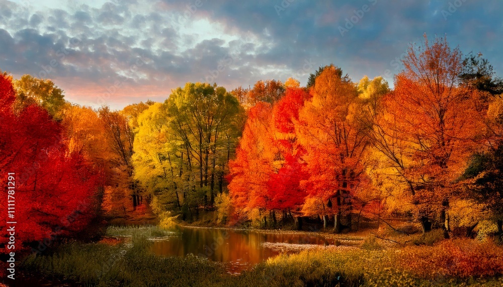 Fototapeta premium A fall forest filled with trees bathed in golden and red shades, creating an extraordinary autumn scene.