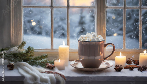 A steaming mug of hot chocolate with marshmallows rests on a table adorned with candles, as snow falls outside the window. photo