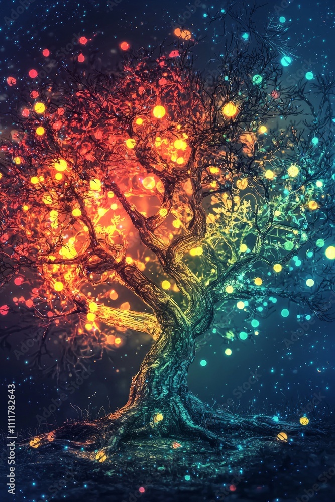 Obraz premium An abstract tree in digital style with glowing lights 