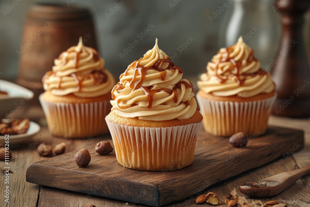 Delicious Creamy Caramel Cupcakes with Tantalizing Swirls of Frosting and Drizzled Caramel Sauce on Rustic Wooden Table Setting Delicious Creamy Caramel Cupcakes with Tantalizing Swirls of Frosting and Drizzled Caramel Sauce on Rustic Wooden Table Setting