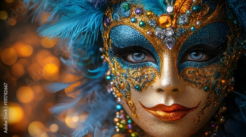 A close-up shot of a detailed Mardi Gras mask with beads and feathers, placed on a bright festive background