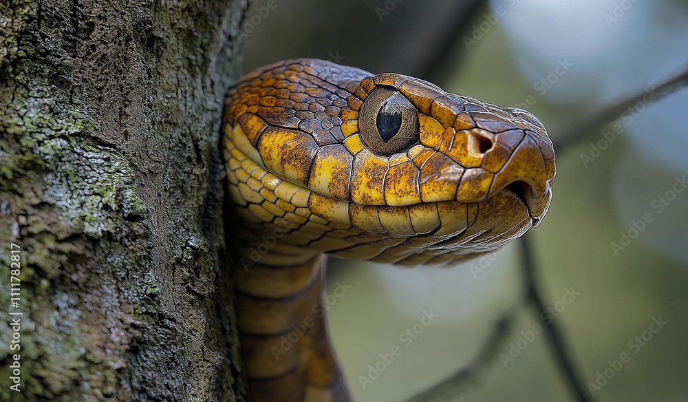 AI generator image of snake in the tree,
Snake coiled up on a branch.snake’s bright yellow scales with black edging shimmer slightly in the dappled sunlight filtering through the leaves. AI generator image of snake in the tree,
Snake coiled up on a branch.snake’s bright yellow scales with black edging shimmer slightly in the dappled sunlight filtering through the leaves.