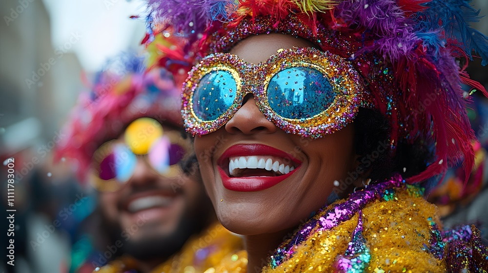 A group of friends in festive Mardi Gras attire, wearing masks and enjoying the parade with laughter and excitement A group of friends in festive Mardi Gras attire, wearing masks and enjoying the parade with laughter and excitement