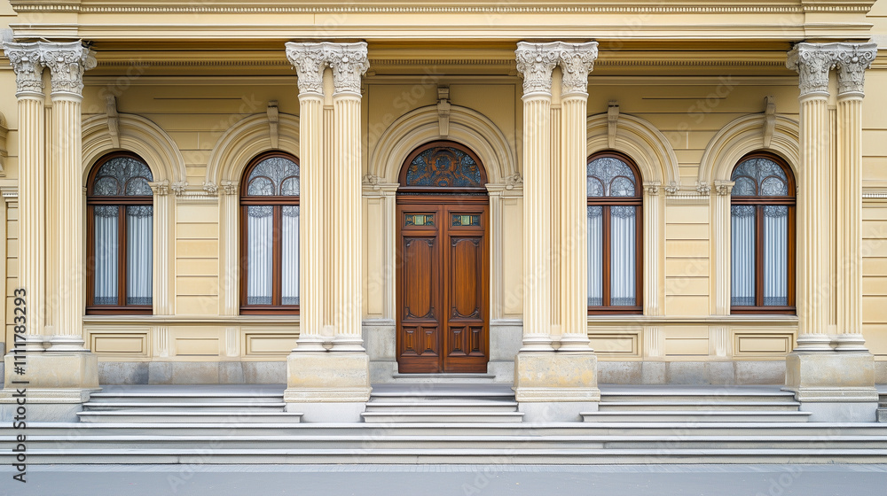 Fototapeta premium International court facade with grand architecture and flagpoles, symbolizing justice and global cooperation in resolving disputes.