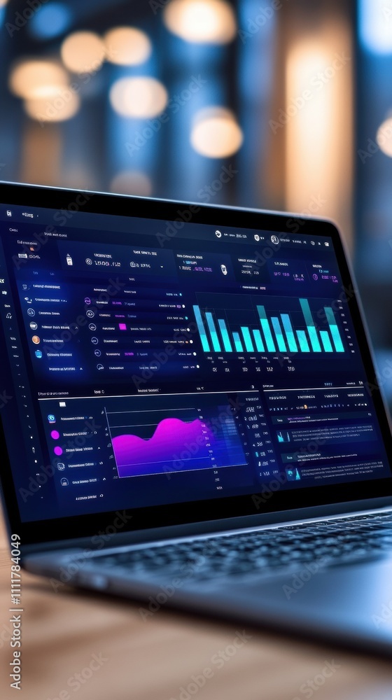 Laptop displaying vibrant data analytics dashboard with graphs and charts, AI Laptop displaying vibrant data analytics dashboard with graphs and charts, AI