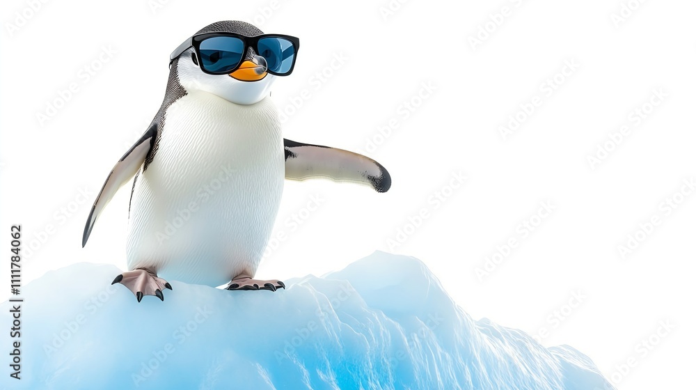 Fototapeta premium A penguin wearing sunglasses stands on an iceberg.
