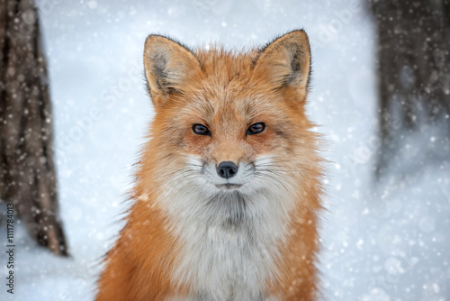 A red fox stands still in a snowy landscape, showcasing its vibrant fur and keen expression during a winter snowfall photo