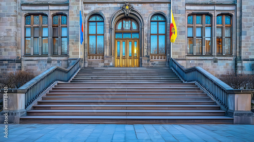 International court facade with grand architecture and flagpoles, symbolizing justice and global cooperation in resolving disputes.