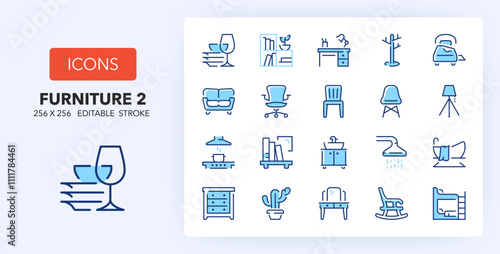 Line icons about Furniture, drapery and home textiles. Contains such icons as kitchen, bookshelf, lamp and more. 256x256 Pixel Perfect editable in two colors. Set 2 of 2