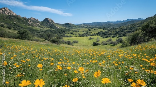 A vibrant landscape filled with yellow wildflowers under a clear blue sky.