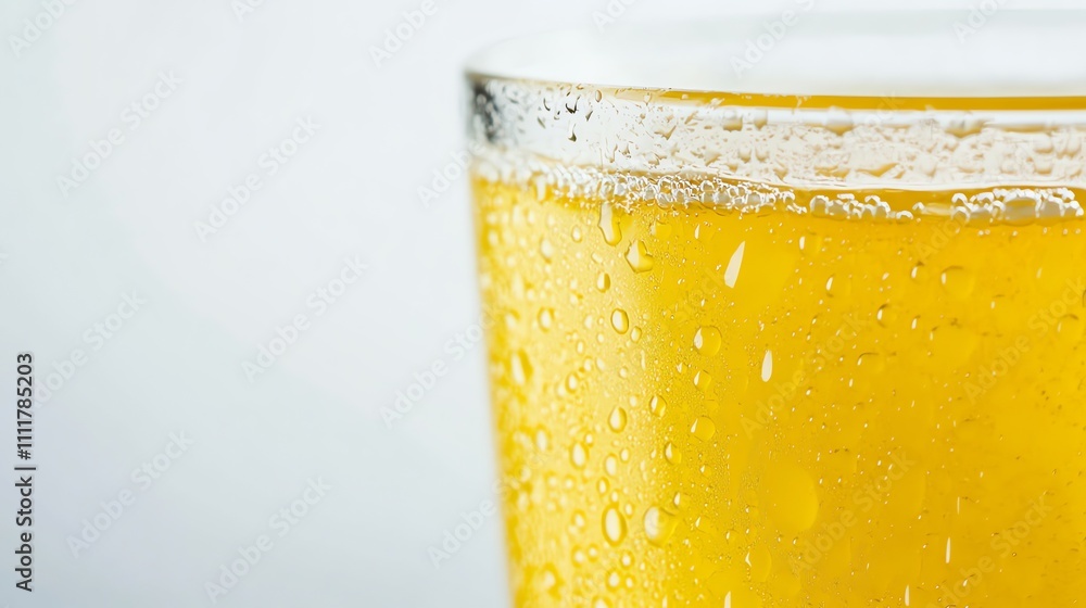 Closeup of a condensation-covered glass of beer.