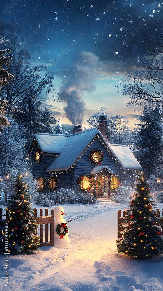Naklejka premium Fantastic winter landscape with wooden house in snowy mountains. Starry sky with Milky Way and snow covered hut. Christmas holiday and winter vacations concept 