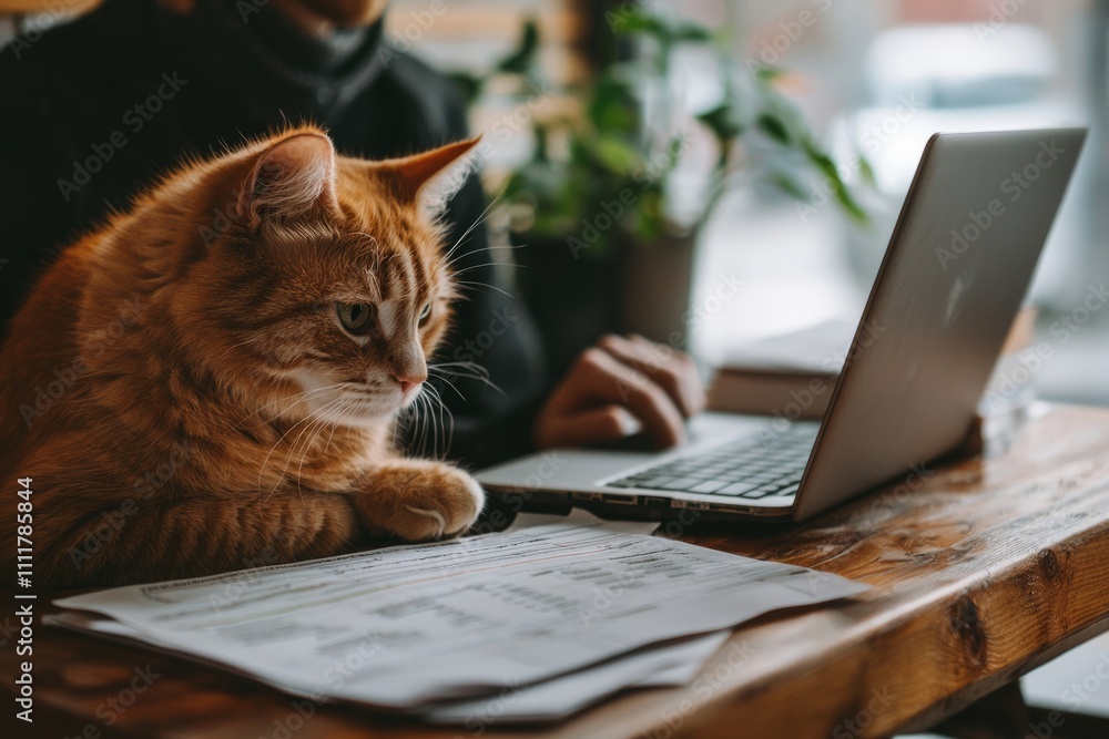 Business partner reviewing and updating the business plan to reflect recent changes, Financial reports and a laptop, Generative AI Business partner reviewing and updating the business plan to reflect recent changes, Financial reports and a laptop, Generative AI