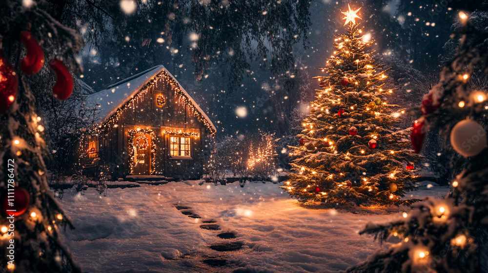 Obraz premium Fantastic winter landscape with wooden house in snowy mountains. Starry sky with Milky Way and snow covered hut. Christmas holiday and winter vacations concept 